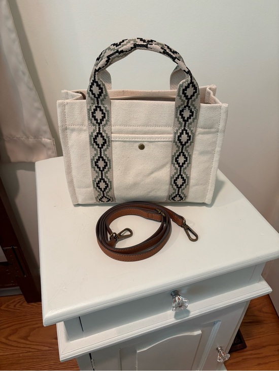 Handbags - Canvas Tote Bag with Patterned Straps - Ivory